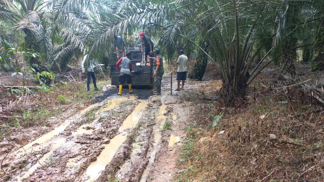 Sertu Roni Sandra dan Masyarakat Melaksanakan Giat Gotong Royong Perbaikan Jalan