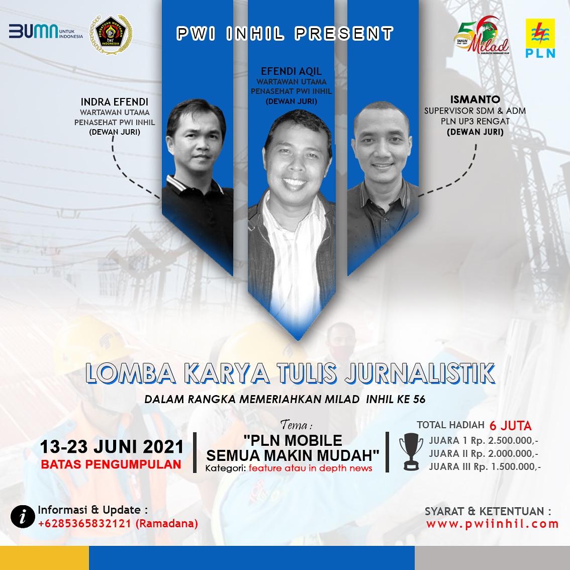 Milad Inhil ke-56, PWI Gandeng PLN Gelar Lomba Jurnalistik